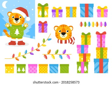 Tiger symbol in a winter hat with gifts. Cartoon character. Colorful vector illustration. Happy New Year and Merry Christmas. Isolated on white background. Design element.
