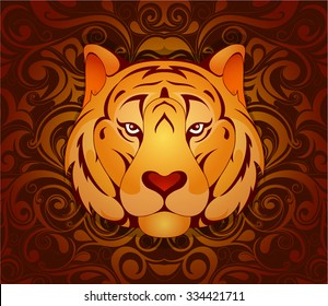 Tiger as symbol for year 2022 by Chinese traditional horoscope with orient ornament on backdrop