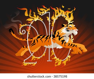 Tiger Symbol Of The Year Jumping Through A Hoop Of Fire