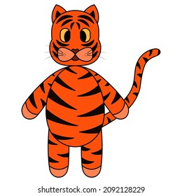 Tiger. Tabby kitten. Symbol of the year. A ginger animal with black stripes. Colored vector illustration. Fairytale character with tail and mustache. Isolated background. Cartoon style. Happy new year