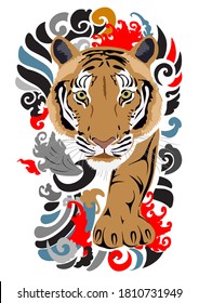 tiger tattoo, Beautiful color Japanese on water splash background