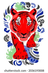 tiger tattoo, Beautiful color Japanese on water splash background
