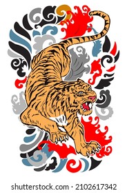 tiger tattoo, Beautiful color Japanese on water splash background