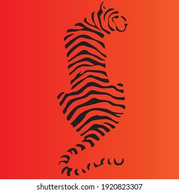 Tiger tattoo, black and white vector illustration - sitting tiger isolated from back in orange background