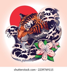 Tiger tattoo design with japanese decorative style. Vector illustration 