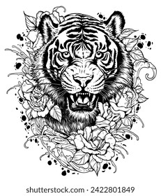 Tiger tattoo with flowers : Strength and gentleness are forged together through meticulously hand-drawn tattoos