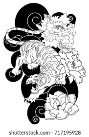 tiger tattoo with peony flower.traditional Japanese tiger tattoo and cloud background.Traditional Japanese culture for printing on background.Snake with Sunrise for coloring book on background.