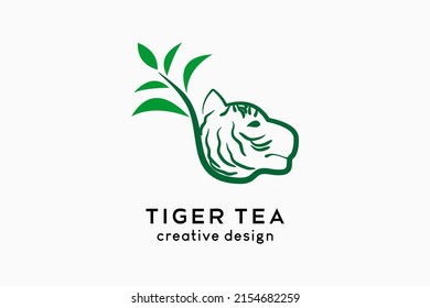 Tiger tea logo design, tea icon combined with tiger head with creative concept. Vector logo illustration for beverage business.