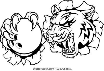 A tiger ten pin bowling player cartoon animal sports mascot holding a ball in its claw
