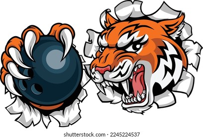 A tiger ten pin bowling player cartoon animal sports mascot holding a ball in its claw
