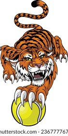 A tiger with a tennis ball sports team animal cartoon mascot