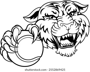 A tiger with a tennis ball sports team animal cartoon mascot