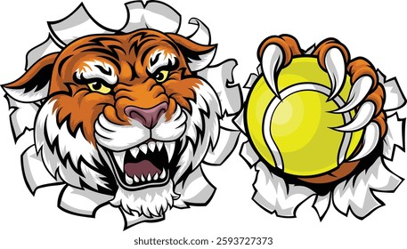 A tiger with a tennis ball sports team animal cartoon mascot