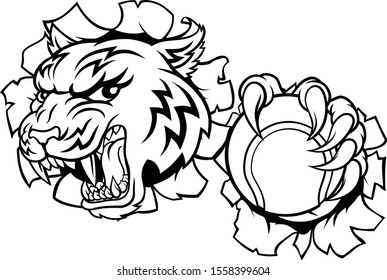 A tiger tennis player cartoon animal sports mascot holding a ball in its claw