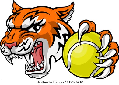 A tiger tennis player cartoon animal sports mascot holding a ball in its claw