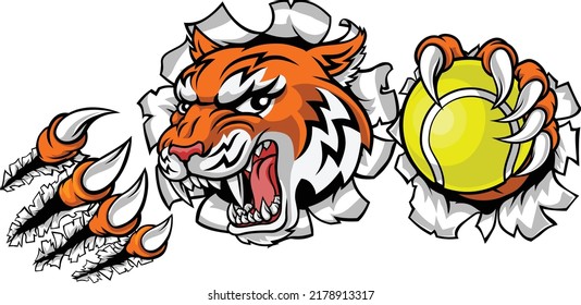 A tiger tennis player cartoon animal sports mascot holding a ball in its claw