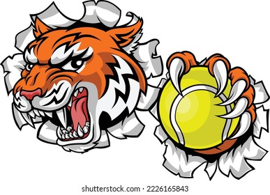 A tiger tennis player cartoon animal sports mascot holding a ball in its claw