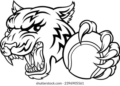 A tiger tennis player cartoon animal sports mascot holding a ball in its claw