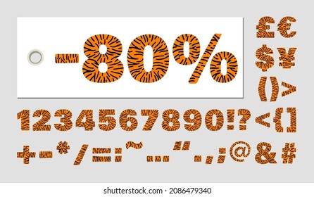 Tiger textured numbers and symbols with black stripes on orange bold symbols isolated on white. Set for new tiger chinese year 2022 celebration sales, coupons, posters, banners decoration .