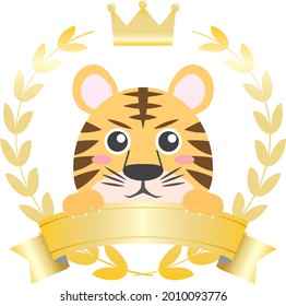 Ein Tiger, der aus der goldenen Krone und dem Lorbeerrahmen zu springen scheint