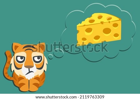 tiger and thought bubble with cheese on blue background,alternative lifestyle concept,vector illustration