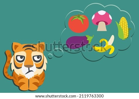 tiger and thought bubble with fruits and vegetables on blue background,alternative lifestyle concept,vector illustration