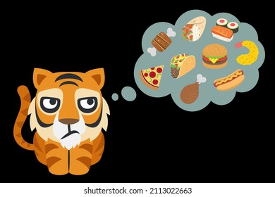 tiger and thought bubble with hamburger,pizza,meat,poultry leg,taco,burrito,hot dog,fried shrimp and sushi on black background,vector illustration
