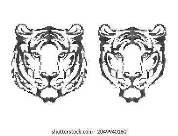 Tiger and tigress head. Isolated on white background. Pixel ornament. Vector pattern. Scheme of knitting and embroidery. 