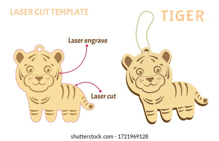 Juguete tigre de contrachapado. Plantilla para corte láser y grabado. Signo chino de Zodiaco de Año Nuevo. Ilustración vectorial en un estilo simple aislado en blanco. Gracioso, tigre de caricatura.