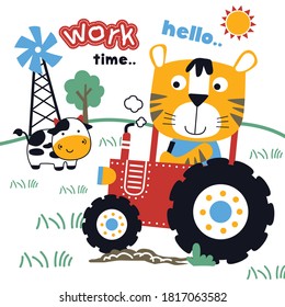 tiger and tractor in the farm,funny animal cartoon,vector illustration