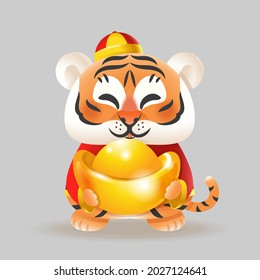 Tiger with traditional Chinese costume and ingot - celebrate Chinese New Year of Tiger - vector illustration isolated