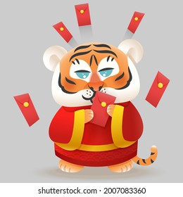 Tigre con disfraz chino tradicional y sobres rojos con dinero celebra Año del Tigre - ilustración vectorial aislada