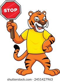 Tiger traffic controller holding stop sign vector illustration