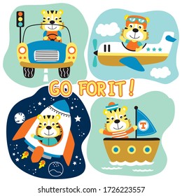 tiger and transportation funny animal cartoon,vector illustration