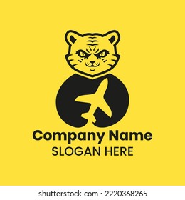 Tiger Travel Logo Negative Space Concept Vector Template. Panther Holding Airplane Symbol