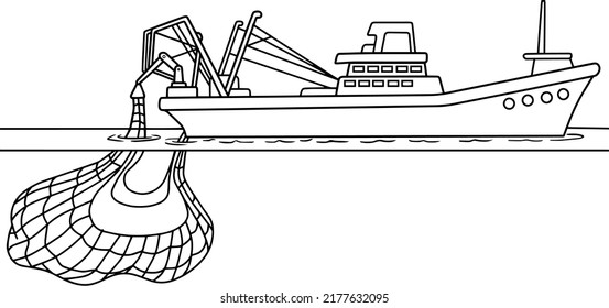 tiger trawler.fishing boat line vector illustration isolated on white background