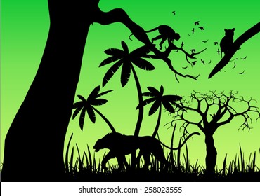 Tiger and trees silhouettes on green backgrund