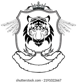 tiger tribal head tattoo crest coat of arms emblem. insignia isolated vector illustartion 