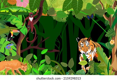 tiger and tropical birds and animals in the jungle, vector plants  background on black
