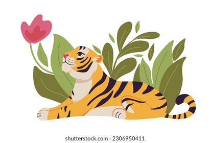 Tiger tropical exotic animals, tiger, leaves. Wild cats set wild animals in jungle, rainforest. Jaguar into jungle concept. Cute wild tiger into tropical leaves graphic element. Vector illustration.