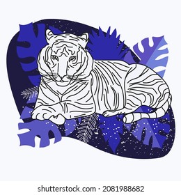 Tiger and Tropical Floral Illustrations with Forever Free Slogan Artwork For Apparel and Other Uses