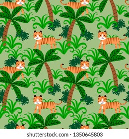 Tiger in tropical forest seamless pattern. Wild life animal concept.