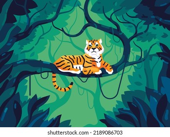 Tiger in the tropical jungle. Cartoon tiger lies on a tree branch. Wild cat in nature. Flat vector illustration