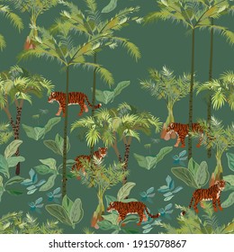 Tiger and tropical jungle vector seamless pattern. Design for fabric, wallpaper, wrapping paper, invitation card. Square green color background.