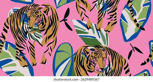 Tiger and Tropical Leaf Illustration for Fabric Print