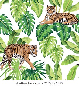 Tiger, tropical palm leaves floral seamless pattern white background. Exotic botanical jungle wallpaper.	