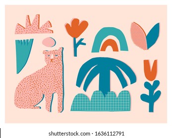 Tiger and tropical plants modern cut out paper collage illustration. Summer card or poster in vector.
