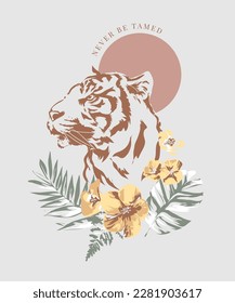 tiger and tropical wild flower graphic vector illustration