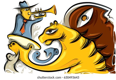 Tiger with a trumpet player, Abstract Characters (Vector Art)