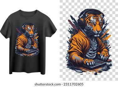 Camiseta de tigre, vector de DJ de tigres para camisetas, obra de arte de camisetas de tigre, fondo transparente, burla de camisetas, arte de salpicaduras